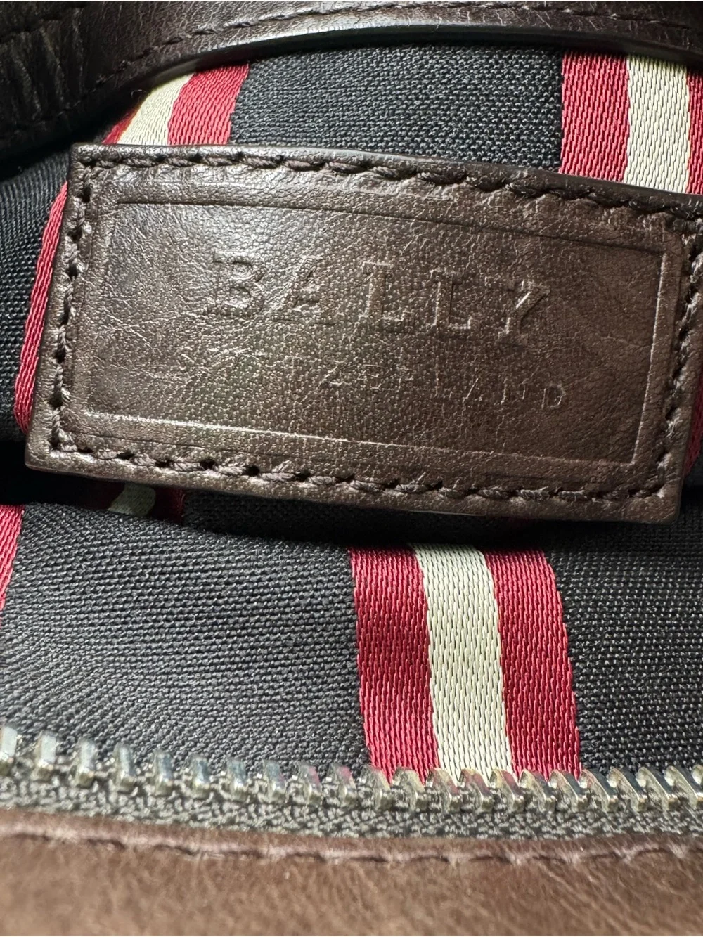 Bally Brown Smooth Leather Messenger with Red & Cream Striped Adjustable Strap
